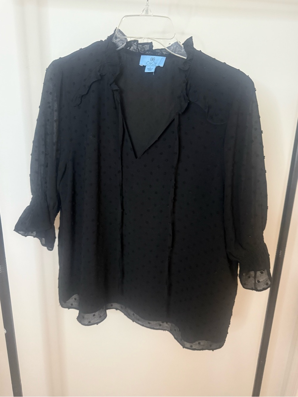 CeCe Black Swiss Dot Ruffle Tie-Neck Blouse
